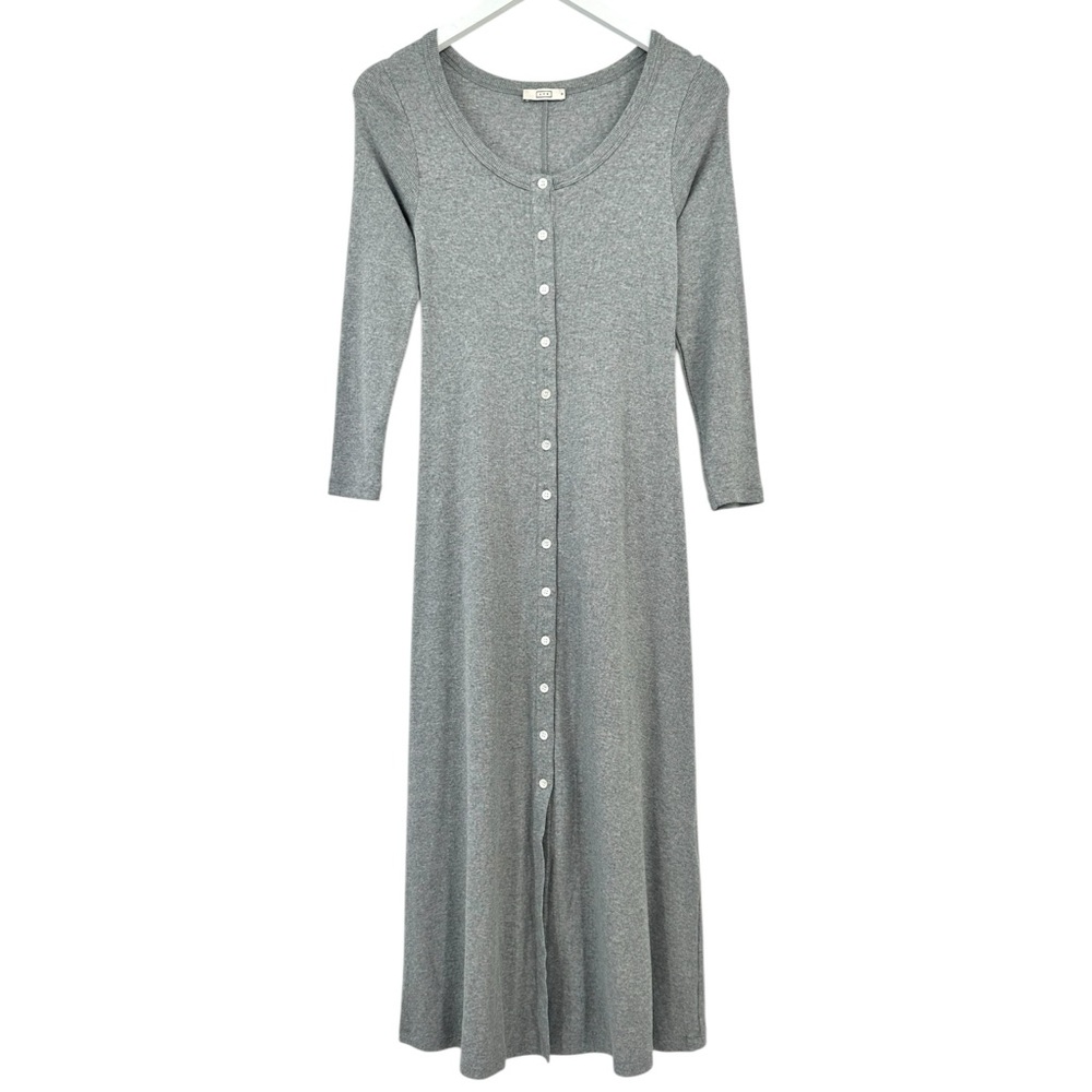 AYR The It Girl Dress - Gray Rib Knit Button Up Long Sleeve Cotton Midi Dress